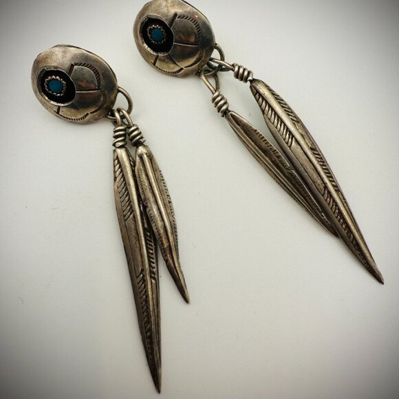 Sterling Silver Feather Dangle Earrings | Turquoise Accents | Navajo Style - Picture 4 of 5